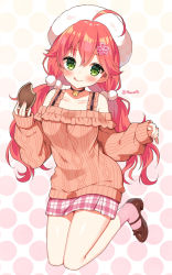 Rule 34 | 1girl, :q, ahoge, aran sweater, bell, beret, black choker, blush, breasts, brown footwear, brown sweater, cable knit, choker, closed mouth, commentary request, food, frilled sweater, full body, green eyes, hair between eyes, hat, high heels, holding, holding food, hololive, jingle bell, long hair, long sleeves, low twintails, mauve, medium breasts, nail polish, neck bell, off-shoulder sweater, off shoulder, pink nails, pink socks, plaid, plaid skirt, pleated skirt, puffy long sleeves, puffy sleeves, red hair, sakura miko, shoes, skirt, sleeves past wrists, smile, socks, solo, sweater, tongue, tongue out, twintails, twitter username, very long hair, virtual youtuber, white hat