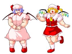 Rule 34 | 2girls, ^ ^, ascot, bat wings, blonde hair, blue hair, closed eyes, dress, flandre scarlet, full body, hair between eyes, hat, highres, multiple girls, muscular, nazo, nazotyu, open mouth, puffy sleeves, red eyes, remilia scarlet, short hair, side ponytail, sweatdrop, thick arms, thighs, touhou, transparent background, undersized clothes, wings