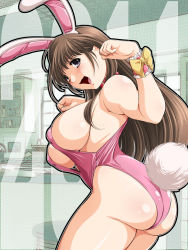 Rule 34 | anegasaki nene, arched back, ass, breasts, brown hair, curvy, highleg, highleg leotard, huge ass, kantori, large breasts, leotard, love plus, open mouth, pink theme, playboy bunny, sideboob, smile, source request