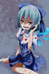 Rule 34 | 1girl, abuse, blood, blood on clothes, blood on face, blue dress, blue eyes, blue hair, blue skirt, bow, boxcutter, breasts, cirno, cleavage, crying, crying with eyes open, cuts, cutting, dress, fang, frilled dress, frills, hair bow, highres, injury, knife, matching hair/eyes, medium dress, negiko, open clothes, open dress, open mouth, self-harm, shirt, short hair, short sleeves, sitting, skirt, small breasts, smile, solo, tears, touhou, wings