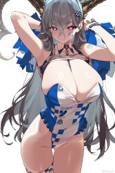 Rule 34 | + +, 1girl, arms up, barcode, barcode tattoo, between breasts, braid, breasts, checkered leotard, cheerleader, clothes writing, collar, covered navel, curled horns, facial tattoo, fate/grand order, fate (series), frilled leotard, frills, hair ornament, hairclip, highres, horns, large breasts, leotard, long hair, long horns, monkey jon, navel, pink eyes, pointy ears, pom pom (cheerleading), race queen, smile, solo, symbol-shaped pupils, tattoo, thigh strap, tiamat (fate), very long hair