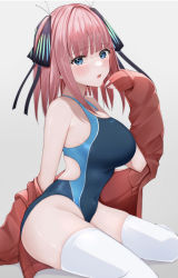 Rule 34 | 1girl, absurdres, black bow, blue eyes, blunt bangs, blush, bow, breasts, competition swimsuit, covered navel, fingernails, from side, go-toubun no hanayome, grey background, hair bow, hand up, highres, jacket, large breasts, looking at viewer, looking to the side, medium hair, nail polish, nakano nino, off shoulder, one-piece swimsuit, parted lips, pink hair, red jacket, simple background, sitting, skindentation, solo, swimsuit, thighhighs, thighs, uiri-na, wariza, white thighhighs