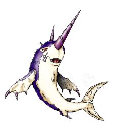 Rule 34 | absurdres, digimon, digimon (creature), highres, narwhal, original, red eyes, sharp teeth, simple background, solo, tail, teeth, white background