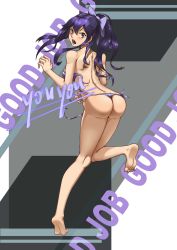 Rule 34 | 1girl, :o, absurdres, ass, barefoot, bikini, blush, bow, breasts, english text, feet, funny-blue, hair bow, highres, large breasts, leg up, long hair, looking at viewer, looking back, original, ponytail, purple bikini, purple eyes, purple hair, side-tie bikini bottom, soles, solo, swimsuit, text focus, toes, untied bikini, wardrobe malfunction