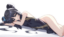 Rule 34 | 1girl, absurdres, arm rest, bare shoulders, black dress, black gloves, black hair, blue archive, breasts, butterfly hair ornament, china dress, chinese clothes, commentary request, covered navel, czk, double bun, dress, gloves, grey eyes, hair bun, hair ornament, highres, kisaki (blue archive), looking at viewer, lying, on side, pelvic curtain, side slit, simple background, small breasts, solo, twintails, white background