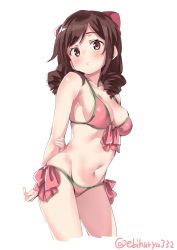 Rule 34 | 1girl, alternate costume, bare legs, bare shoulders, bikini, blush, bow, breasts, brown hair, cleavage, collarbone, cowboy shot, cropped legs, drill hair, ebifurya, front-tie bikini top, front-tie top, groin, hair between eyes, hair bow, harukaze (kancolle), highres, kantai collection, long hair, looking at viewer, medium breasts, navel, open mouth, pink bikini, red bow, red eyes, shiny skin, side-tie bikini bottom, simple background, solo, stomach, swimsuit, thighs, twin drills, white background