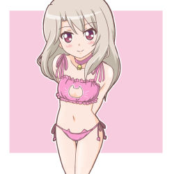 Rule 34 | 1girl, atair, bell, blush, bra, breasts, cat cutout, cat ear panties, cat lingerie, cleavage cutout, clothing cutout, collar, fate/kaleid liner prisma illya, fate/stay night, fate (series), grey hair, illyasviel von einzbern, jingle bell, long hair, looking at viewer, meme attire, multicolored background, navel, neck bell, panties, pink background, pink bra, pink panties, purple eyes, side-tie panties, simple background, small breasts, smile, solo, string panties, underwear, underwear only, white background
