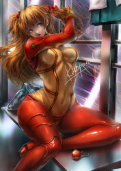 Rule 34 | 1girl, artist request, bag, blue eyes, bodysuit, breasts, curvy, evangelion: 2.0 you can (not) advance, hair ornament, interface headset, long hair, looking away, multicolored bodysuit, multicolored clothes, neon genesis evangelion, orange bodysuit, orange hair, pilot suit, plugsuit, rebuild of evangelion, red bodysuit, see-through, see-through bodysuit, shiny clothes, sitting, small breasts, solo, souryuu asuka langley, test plugsuit, twintails, very long hair, wide hips