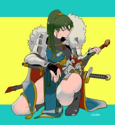 Rule 34 | 1girl, absurdres, armor, boots, breasts, dress, fingerless gloves, fire emblem, fire emblem: the blazing blade, fire emblem heroes, fur trim, gloves, green eyes, green hair, high ponytail, highres, jewelry, long hair, lyn (fire emblem), nintendo, ormille, ponytail, solo, sword, very long hair, weapon