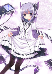Rule 34 | 1girl, animal ears, animal print, bad id, bad pixiv id, black pantyhose, cable, cable divider, clothes lift, dress, dress lift, fake animal ears, headphones, highres, koi (koisan), looking at viewer, original, pantyhose, purple eyes, purple hair, ribbon, scarf, solo, tail, tiger ears, tiger print, tiger tail