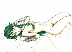 Rule 34 | 1girl, blue eyes, braid, breasts, completely nude, go! princess precure, green hair, kaidou minami, long hair, lying, navel, nude, on back, on bed, precure, small breasts