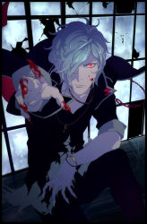 Rule 34 | 10s, 1boy, blood, bracelet, chain, closed mouth, diabolik lovers, frown, glass, glowing, glowing eyes, hair over one eye, jewelry, looking at viewer, male focus, necklace, nozoki davis, outstretched arm, red eyes, sakamaki subaru, school uniform, sharp nails, sitting, solo, torn clothes, uniform, v-neck, vampire, white hair