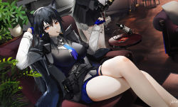 Rule 34 | 2girls, animal ears, arknights, bare legs, black hair, black vest, blue necktie, blue shorts, breasts, couch, crossed legs, cup, drinking glass, food, indoors, lappland (arknights), lappland (refined horrormare) (arknights), large breasts, looking at viewer, mouth hold, multiple girls, necktie, official alternate costume, omone hokoma agm, orange eyes, plant, pocky, potted plant, shirt, shorts, sitting, solo focus, table, texas (arknights), texas the omertosa (arknights), thighs, vest, white shirt, wine glass, wolf ears, wolf girl