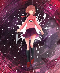 Rule 34 | 1girl, black legwear, braid, brown hair, closed eyes, full body, holding, holding knife, kitchen knife, knife, loafers, long hair, long sleeves, low twintails, madotsuki, monotsuki, parted lips, pink sweater, purple skirt, shoes, skirt, solo, splatter, sweater, turtleneck, twin braids, twintails, yume nikki