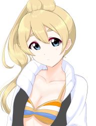 Rule 34 | 00s, 1girl, alternate hairstyle, bikini, blonde hair, blue eyes, blush, breasts, cleavage, eyebrows, highres, k-on!, kotobuki tsumugi, light blush, long hair, looking at viewer, medium breasts, n61nor, open clothes, side ponytail, simple background, solo, striped bikini, striped clothes, swimsuit, thick eyebrows, upper body, white background