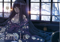 Rule 34 | 1girl, bare shoulders, bare tree, black hair, blunt bangs, breasts, cleavage, collarbone, indoors, japanese clothes, kimono, light rays, long hair, looking at viewer, matsumoto noriyuki, off shoulder, open clothes, open kimono, original, plant, solo, tree, upper body, very long hair, window, winter