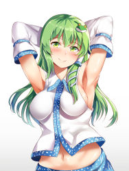 Rule 34 | 1girl, armpits, arms behind head, arms up, blush, breasts, closed mouth, commentary request, detached sleeves, frog hair ornament, green eyes, green hair, hair ornament, hair tubes, highres, kochiya sanae, long hair, looking at viewer, medium breasts, nagomian, navel, sidelocks, simple background, smile, snake hair ornament, solo, touhou, upper body, white background