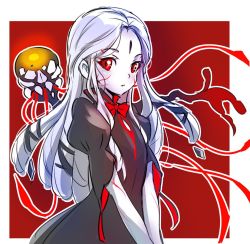 Rule 34 | 1girl, aged down, bow, bowtie, braid, colored skin, commentary request, glowing, grimm (rwby), iesupa, jellyfish, parted bangs, red background, red eyes, rwby, salem (rwby), seer (rwby), simple background, standing, tentacles, white hair, white skin