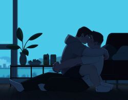 Rule 34 | 2boys, absurdres, aqua background, arm over shoulder, asian, bara, black shorts, blush, closed eyes, dark room, from side, full body, highres, hood, hoodie, hug, indoors, kiss, layered sleeves, male focus, multiple boys, night, night sky, original, plant, plump, potted plant, profile, short hair, shorts, sideburns, sitting, sitting on lap, sitting on person, sky, socks, stro very, thick eyebrows, yaoi