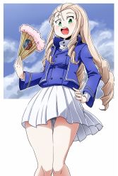 Rule 34 | 1girl, aono3, bc freedom (emblem), bc freedom military uniform, blonde hair, blue jacket, blue sky, blue vest, blush, border, cloud, cloudy sky, drill hair, emblem, girls und panzer, green eyes, hand fan, hand on own hip, hand up, highres, jacket, long hair, looking at viewer, looking away, marie (girls und panzer), open mouth, pleated skirt, skirt, sky, smile, solo, standing, teeth, thighs, tongue, vest, white border, white skirt