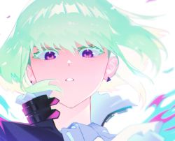 Rule 34 | 1boy, blue fire, close-up, commission, earrings, eyelashes, film grain, fire, fire, green hair, hair between eyes, jewelry, light green hair, lio fotia, looking at viewer, male focus, on (onon2659), parted lips, promare, purple eyes, purple fire, solo, triangle earrings, upper body