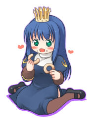 Rule 34 | 1girl, :d, black footwear, blue dress, blue hair, blush, brown thighhighs, commentary request, crown, doughnut, dress, eating, emurin, food, food on face, full body, green eyes, habit, heart, heart-shaped pupils, holding, holding food, juliet sleeves, long hair, long sleeves, looking at food, mary janes, open mouth, priest (ragnarok online), puffy sleeves, purple outline, ragnarok online, shoes, sidelocks, simple background, sitting, smile, solo, symbol-shaped pupils, thighhighs, wariza, white background