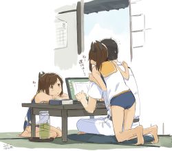 Rule 34 | 10s, 1boy, 2015, 2girls, admiral (kancolle), age difference, ass, bare shoulders, barefoot, blush, brown eyes, brown hair, calendar (object), computer, dated, from behind, hand on another&#039;s shoulder, i-401 (kancolle), indian style, indoors, kantai collection, kawashina (momen silicon), laptop, legs, long hair, looking at another, multiple girls, notebook, one-piece swimsuit, open mouth, ponytail, sailor collar, school swimsuit, short hair, short ponytail, sitting, soles, sweatdrop, swimsuit, swimsuit under clothes, table, tatami, thighs, wariza