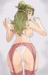 Rule 34 | 1girl, against wall, ass, blush, bra, breasts, cameltoe, cleavage, closed mouth, eyelashes, female focus, fire emblem, fire emblem awakening, garter belt, garter straps, green eyes, hair ornament, hair ribbon, highres, hip focus, jewelry, lingerie, long hair, long pointy ears, looking at viewer, looking back, nintendo, panties, pink thighhighs, pointy ears, ponytail, cameltoe, red ribbon, ribbon, sakuremi, skindentation, smile, solo, thighhighs, thighs, tiki (fire emblem), underwear, upper body, white bra, white panties