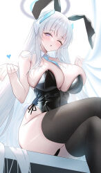 Rule 34 | 1girl, ;o, absurdres, animal ears, bare shoulders, between breasts, black leotard, black thighhighs, blue archive, blunt bangs, blush, breasts, cleavage, crossed legs, curtain grab, curtains, detached collar, fake animal ears, fake tail, grey hair, heart, highres, large breasts, leotard, long hair, looking at viewer, nano (blueoekaki), necktie, necktie between breasts, noa (blue archive), one eye closed, open mouth, playboy bunny, purple eyes, rabbit ears, rabbit tail, simple background, sitting, skindentation, solo, strapless, strapless leotard, tail, thighhighs, very long hair, white background