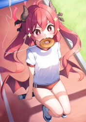 Rule 34 | + +, 1girl, absurdres, ahoge, black horns, blue archive, blush, buruma, commentary, day, demon horns, demon wings, doughnut, english commentary, food, full body, gym shirt, gym uniform, halo, highres, horns, junko (blue archive), long hair, looking at viewer, outdoors, pointy ears, qoray7, red buruma, red eyes, red hair, red halo, red wings, shirt, shoes, short sleeves, socks, solo, sparkle, twintails, white footwear, white shirt, white socks, wings