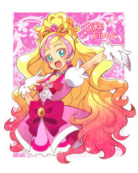 Rule 34 | 1girl, :d, aqua eyes, arm up, blonde hair, bow, brooch, character name, cure flora, gloves, go! princess precure, gradient hair, haruno haruka, jewelry, katsuma rei, long hair, magical girl, multicolored hair, open mouth, outside border, pink background, pink hair, pink skirt, precure, skirt, smile, solo, streaked hair, two-tone hair, waist bow