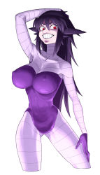 Rule 34 | 1girl, bad id, bad pixiv id, black hair, bodysuit, breasts, cleavage, covered erect nipples, crazy eyes, creatures (company), cropped legs, evil grin, evil smile, game freak, gen 1 pokemon, gengar, grin, highres, large breasts, leotard, long hair, nintendo, no bra, personification, pokemon, red eyes, skin tight, smile, sollo, solo, spacezin, spiked hair