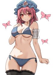 Rule 34 | 1girl, bikini, black thighhighs, blue bikini, blue hat, breasts, bug, butterfly, cleavage, closed mouth, collarbone, cowboy shot, gluteal fold, hat, highres, insect, kiui (dagk8254), medium breasts, mob cap, navel, pink eyes, pink hair, saigyouji yuyuko, side-tie bikini bottom, simple background, smile, solo, swimsuit, thigh gap, thighhighs, touhou, triangular headpiece, white background