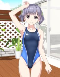 Rule 34 | 1girl, arena (company), bench, black eyes, black one-piece swimsuit, collarbone, competition swimsuit, cowboy shot, deck, fence, flat chest, highres, kantai collection, looking at viewer, one-piece swimsuit, ooshio (kancolle), outdoors, plant, potted plant, purple hair, short twintails, sliding doors, smile, solo, swimsuit, takafumi, trellis, twintails