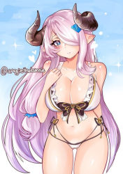 Rule 34 | 1girl, angie bunnie, arm behind back, bikini, blue eyes, blush, breasts, collarbone, draph, frilled bikini, frills, gluteal fold, granblue fantasy, hair ornament, hair over one eye, head tilt, heart, heart-shaped pupils, horns, large breasts, light purple hair, long hair, looking at viewer, narmaya (granblue fantasy), narmaya (summer) (granblue fantasy), navel, parted lips, pointy ears, solo, swimsuit, symbol-shaped pupils, twitter username, very long hair, white bikini