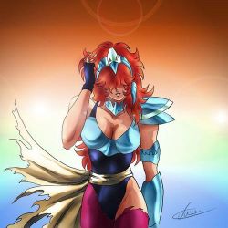Rule 34 | 1girl, aquila marin, armor, artist request, breasts, cleavage, gloves, hair over eyes, large breasts, long hair, lowres, mask, unworn mask, red hair, saint seiya, signature, solo, spandex