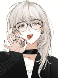 Rule 34 | 1girl, bespectacled, bite mark, bite mark on neck, black choker, black shirt, candy, choker, commentary, earclip, food, girls band cry, glasses, grey eyes, grey hair, hand up, hickey, highres, holding, holding candy, holding food, holding lollipop, jewelry, kawaragi momoka, lollipop, long hair, looking at viewer, piercing, ring, shirt, simple background, siy (shengxiu760722), solo, symbol-only commentary, tongue, tongue piercing, upper body, white background