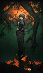 Rule 34 | 1girl, absurdres, autumn leaves, black footwear, black hair, black pants, black suit, blood, blood on clothes, blue blood, chainsaw man, cigarette, ciloranko, colored blood, eyepatch, formal, from behind, full body, ghost hands, green eyes, hand on own hip, highres, himeno (chainsaw man), looking back, one eye covered, pants, shoes, short hair, smoking, solo, standing, suit