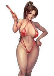 Rule 34 | 1girl, absurdres, bad id, bad pixiv id, bikini, breasts, brown eyes, brown hair, cirenk, cleavage, clothing cutout, fatal fury, female focus, folded fan, folding fan, hand fan, high ponytail, highres, holding, holding fan, large breasts, long hair, looking at viewer, navel, ninja, ponytail, revealing clothes, shiranui mai, slingshot swimsuit, smile, snk, solo, standing, swimsuit, the king of fighters, white background