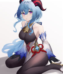 Rule 34 | 1girl, absurdres, arm support, bad id, bad pixiv id, bare shoulders, bell, black gloves, black legwear, blue hair, blush, bow, breasts, chinese knot, detached sleeves, flower knot, ganyu (genshin impact), genshin impact, gloves, gold trim, hand on own thigh, high heels, highres, horns, long hair, looking at viewer, low ponytail, mea (hwaksal), medium breasts, neck bell, parted lips, purple eyes, red rope, rope, sideboob, sidelocks, sitting, solo, thighs, vision (genshin impact), wariza, white background, white sleeves