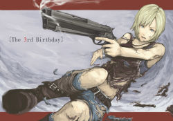 Rule 34 | 1girl, aya brea, belt, blonde hair, blue eyes, boots, bracelet, female focus, gun, jewelry, midriff, necklace, pants, parasite eve the 3rd birthday, ripu (vincecarter), short hair, solo, torn clothes, weapon