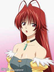 Rule 34 | 1girl, :o, antenna hair, bare shoulders, breasts, choker, chrno crusade, cleavage, detached sleeves, fur trim, jewelry, large breasts, lipstick, long hair, makeup, open mouth, pendant, pink eyes, red hair, satella harvenheit, solo, sugimura tomokazu, upper body