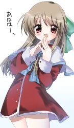 Rule 34 | 1girl, bow, bowtie, brown hair, capelet, cowboy shot, dress, green bow, green bowtie, highres, hiyoko (96823534), kanon, kurata sayuri, long hair, looking at viewer, red dress, red eyes, school uniform, simple background, smile, solo, standing, steepled fingers, white background, white capelet