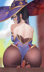 Rule 34 | 1girl, ass, back, black hair, black pantyhose, blue leotard, blush, breasts, censored, clothing aside, earrings, from behind, genshin impact, green eyes, hat, highres, jewelry, large breasts, leaning forward, leotard, leotard aside, long hair, looking back, mona (genshin impact), mosaic censoring, pantyhose, parted lips, purple hat, pussy, senba (592683801), sideboob, sitting, solo, sweatdrop, torn clothes, torn pantyhose, twintails, witch hat