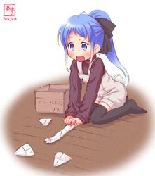 Rule 34 | 10s, 1girl, :d, alternate costume, alternate hairstyle, artist name, blue eyes, blue hair, blush, box, buttons, cardboard box, commentary request, dated, gradient hair, high ponytail, highres, kanon (kurogane knights), kantai collection, long hair, long sleeves, matching hair/eyes, multicolored hair, open mouth, overalls, ponytail, samidare (kancolle), seiza, sitting, smile, solo, suspenders, very long hair, wooden floor