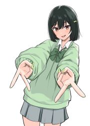 Rule 34 | 1girl, absurdres, black hair, bow, bowtie, brown eyes, collared shirt, commentary request, double gyaru v, fang, green bow, green bowtie, green nails, green sweater, grey skirt, gyaru v, hair ribbon, highres, long sleeves, looking at viewer, love live!, love live! nijigasaki high school idol club, mifune shioriko, open mouth, pleated skirt, ribbon, shirt, short hair, skirt, solo, sweater, tatsumi432, upper body, v, white background, white shirt, yellow ribbon