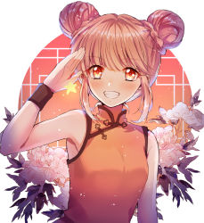 Rule 34 | 1girl, brown hair, chinese clothes, clenched teeth, commentary request, double bun, flower, hair bun, healin&#039; good precure, hiramitsu hinata, lazy orange, looking at viewer, orange eyes, precure, salute, short hair, sleeveless, smile, solo, teeth