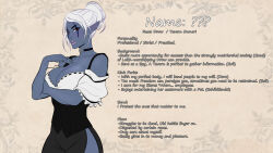 Rule 34 | 1girl, ?, ??, bare shoulders, black choker, black skirt, breasts, brown background, character profile, cherry-gig, choker, cleavage, colored skin, cowboy shot, dark elf, detached sleeves, dungeons &amp; dragons, elf, english text, hair bun, hand up, heart o-ring, highres, large breasts, looking at viewer, original, pointy ears, red eyes, short hair, sinafay (cherry-gig), single hair bun, skirt, smile, solo, teeth, upper teeth only