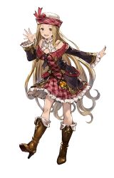 Rule 34 | 10s, 1girl, bare shoulders, blonde hair, boots, brown eyes, detached sleeves, diola (granblue fantasy), dress, frills, full body, granblue fantasy, hat, knee boots, long hair, long sleeves, minaba hideo, open mouth, simple background, solo, standing, white background