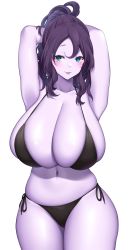 Rule 34 | 1girl, absurdres, armpits, arms up, bikini, black bikini, blue eyes, blush, breasts, collarbone, colored skin, cowboy shot, highres, huge breasts, long hair, looking at viewer, navel, original, parted lips, purple hair, purple skin, sideboob, simple background, solo, suruga (xsurugax), swimsuit, thighs, white background